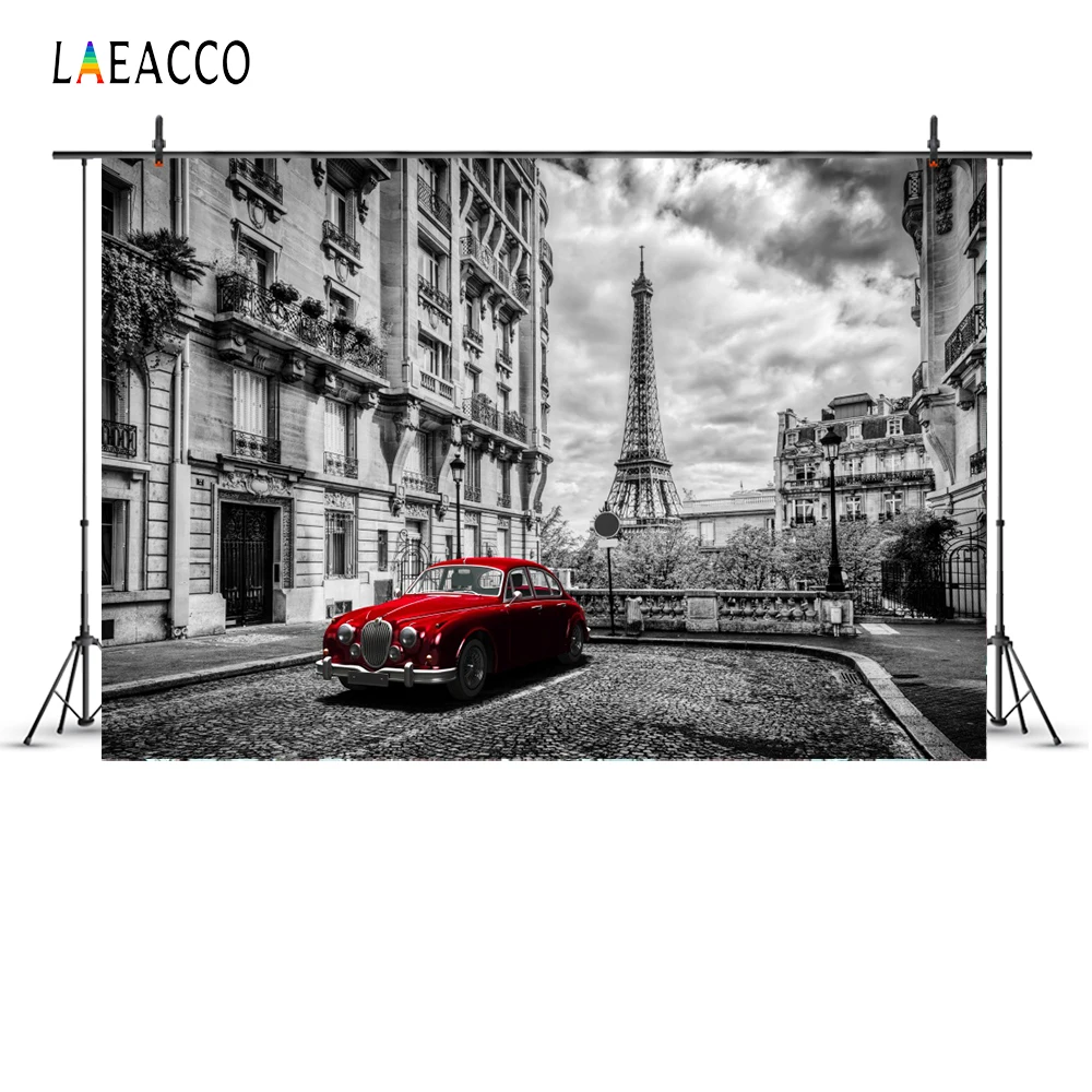Laeacco Ретро красный автомобиль Париж улица башня живописные фотографии фоны индивидуальные фотографические фоны для фотостудии