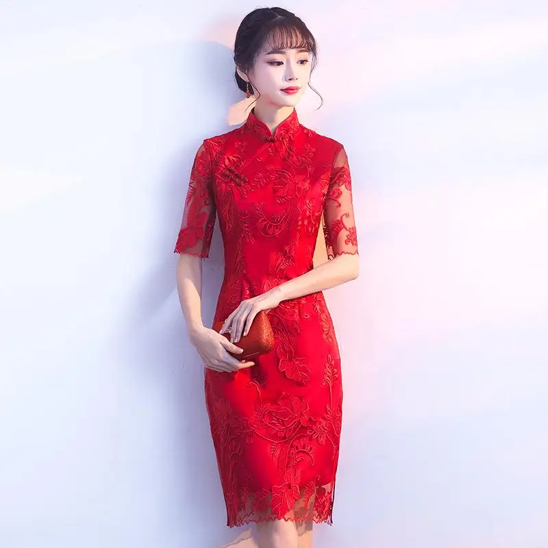 Традиционная Цветочная вышивка Мини Qipao Благородное женское сексуальное тонкое платье китайское винтажное кружевное свадебное платье Cheongsam Vestidos Z-1021 - Цвет: Red 3