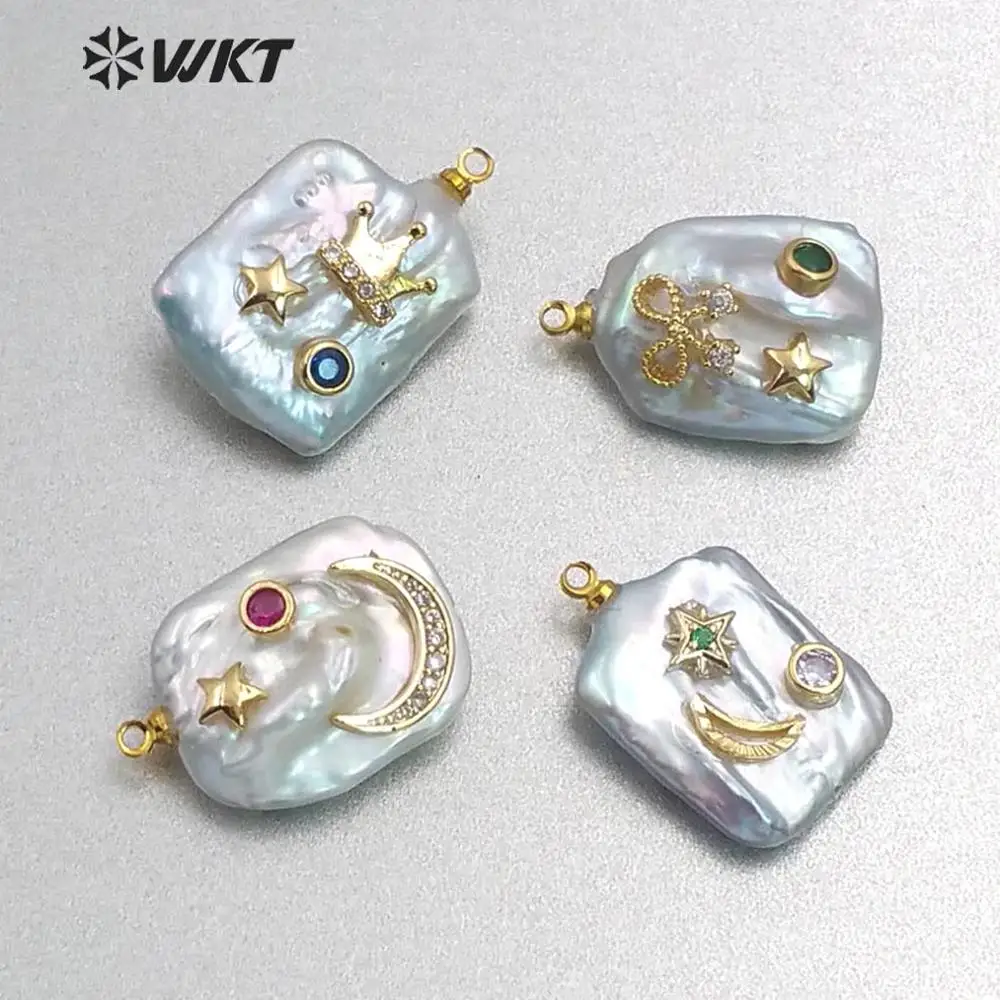 WT-MP136 Natural Freshwater Pearl&ampCZ Pave Pendant Square Shape With Gem stone pave Star Crescent Crown Bow Charm | Украшения и