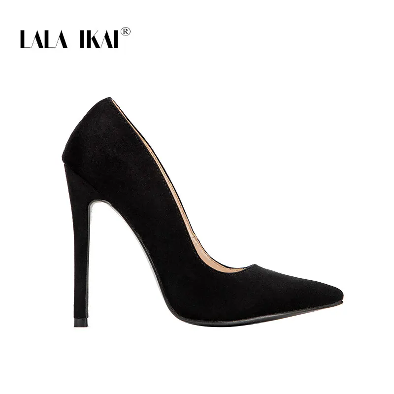 Black LALA IKAI/туфли на высоком каблуке с леопардовым принтом; женские туфли-лодочки; офисные женские туфли из флока с острым носком; пикантные свадебные туфли на каблуке 12 см; Sapato Feminino; 014C1722-49 - Цвет: Black