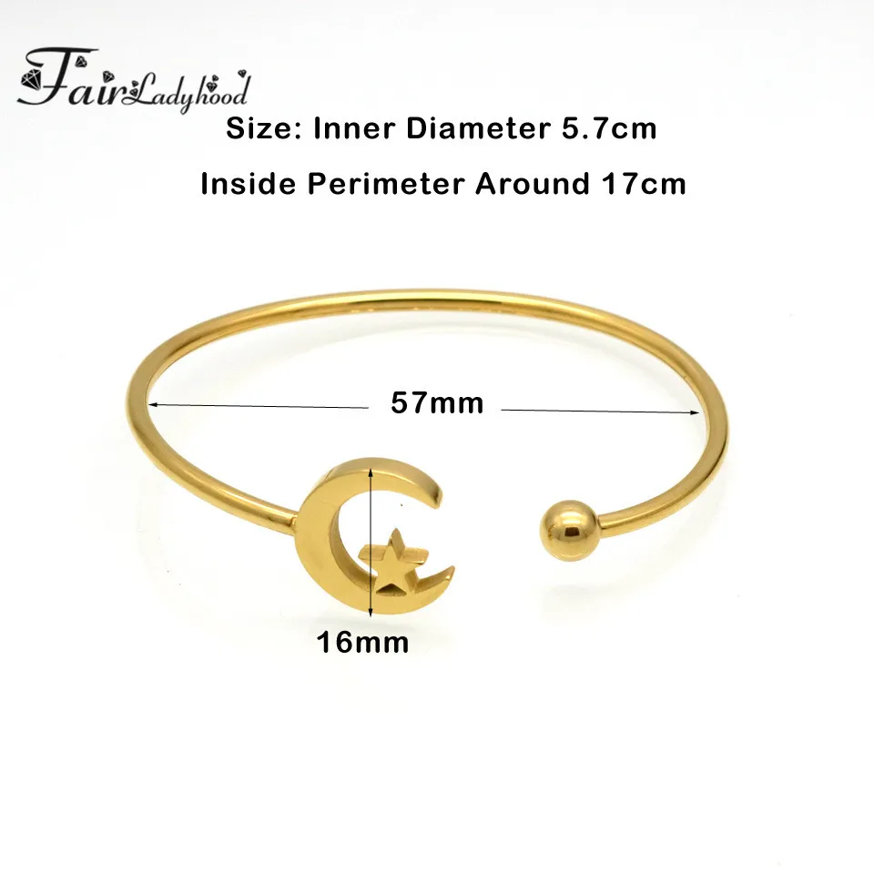 Fairladyhood moon and stars Hallow Design Cuff Bracelet Gold Color Stainless Steel Bangles For Women Wholesale | Украшения и