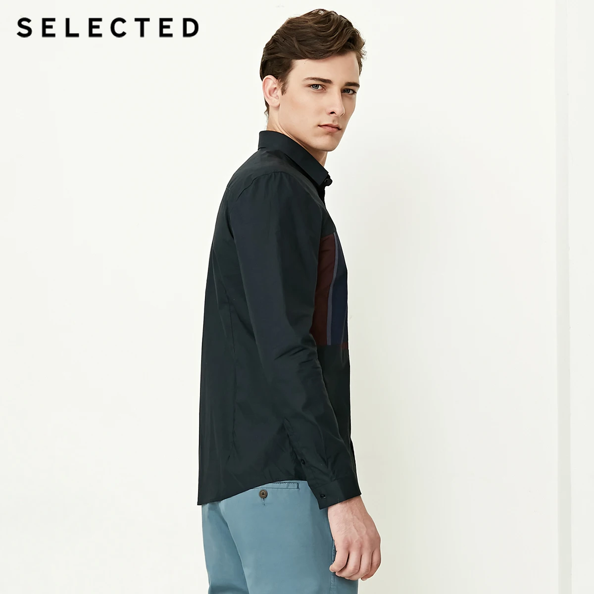 Отборные мужские хлопок геометрические сращивания Slim Fit Повседневная рубашка S | 418305525