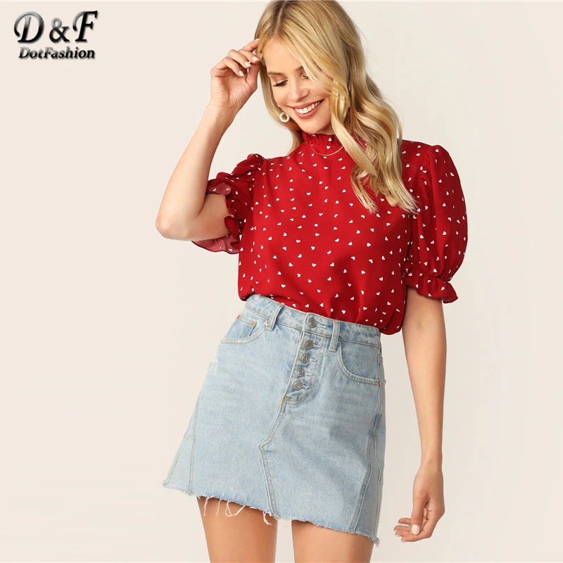 Dotfashion, красный топ с воланами на шее, с пышными рукавами, с принтом конфетти, сердце, для женщин,, летняя элегантная одежда с коротким рукавом, модная блузка