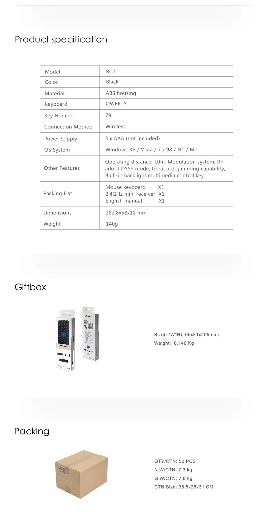 Игровая эргономичная воздушная мышь MEASY RC7 2,4 GUSB беспроводная клавиатура и клавиатура для Android Smart tv Box Android Мини ПК проектор