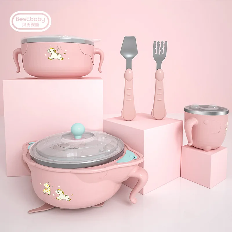 Baby Dish children kids Tableware Set Stainless Steel Insulation Strong Suction Bowl Spoon Fork Food Feeding Bowls plate | Мать и ребенок