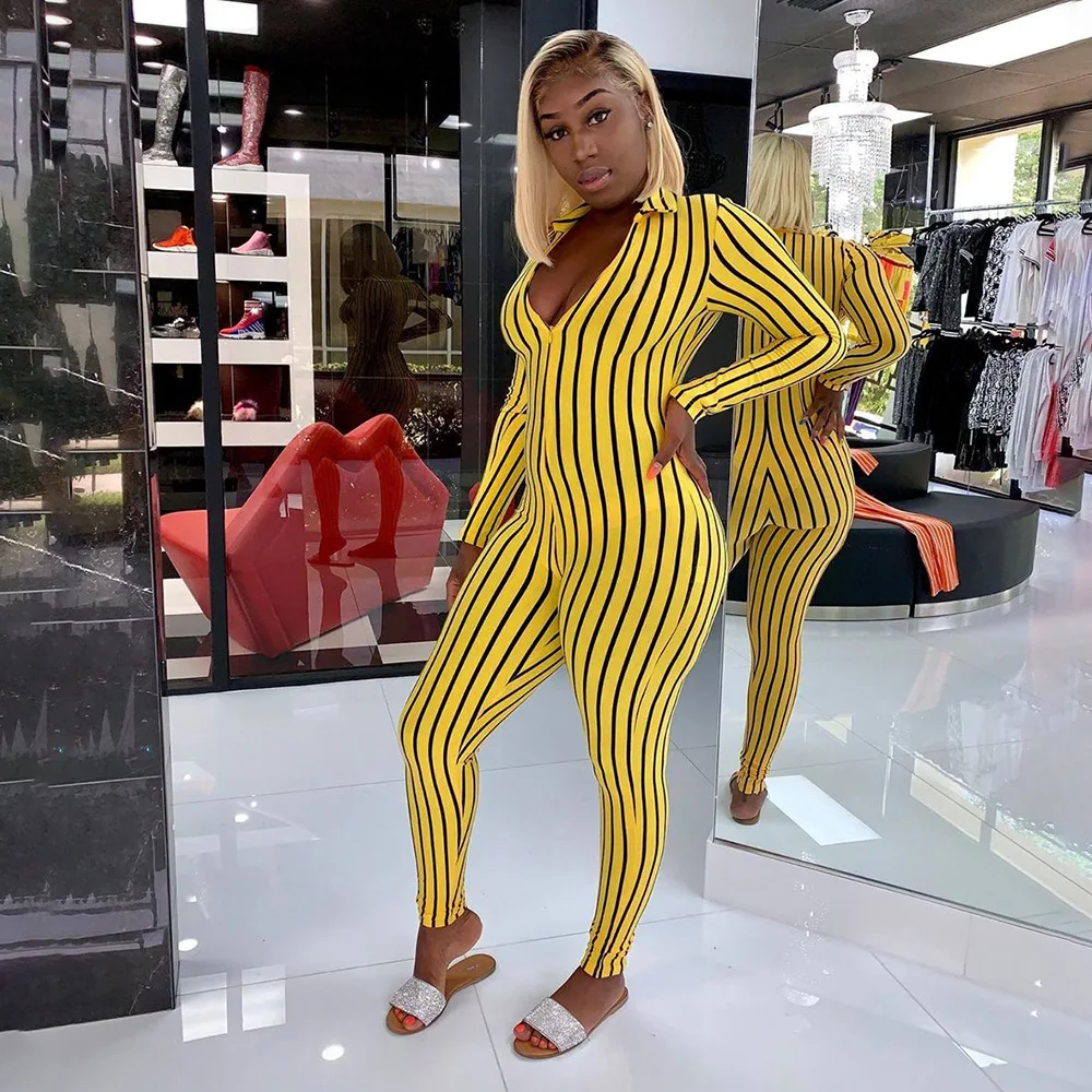 

Deep V Hit Color Striped Sexy Women Bodycon Jumpsuits Front Zipper Full Sleeve Leggings Club One Piece Outfits Bodysuits Romper