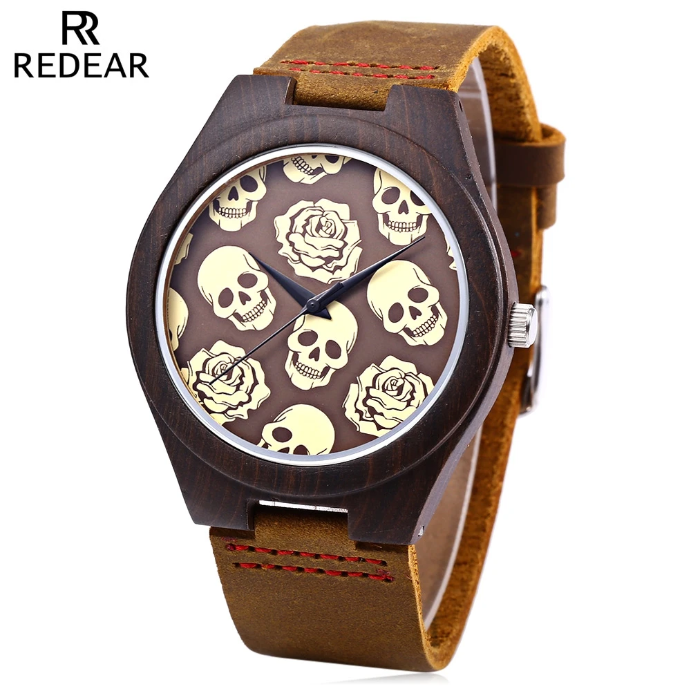 REDEAR Men Quartz Watch Imported Movt Skull Pattern Wooden Case Wristwatch | Наручные часы