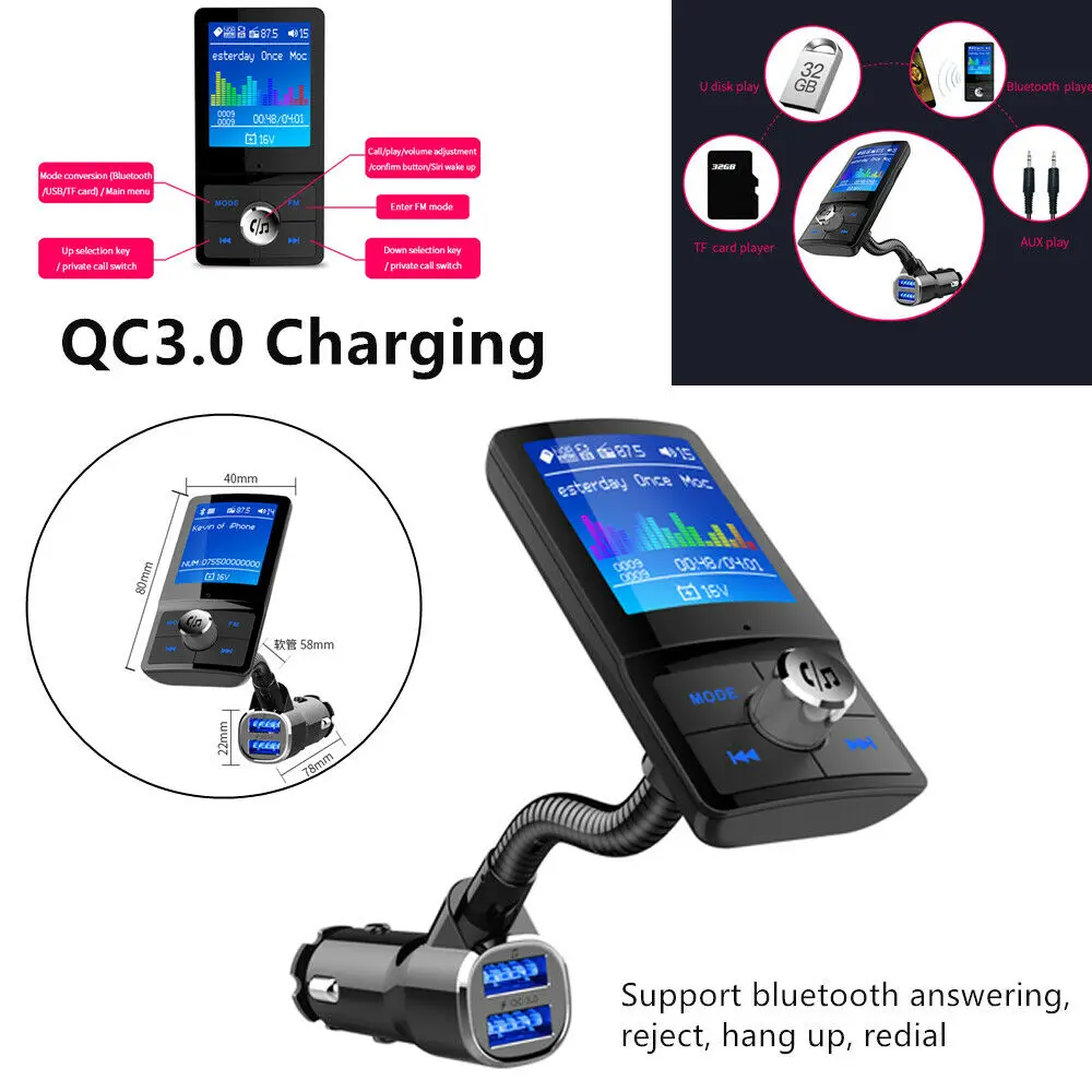 BC43 громкой связи Car Kit Многоязычная MP3 плеер QC3.0 Зарядное устройство Беспроводной