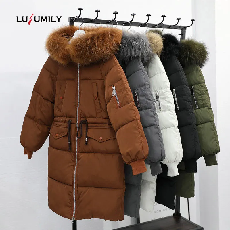Lusumily зимняя куртка женская теплая Толстая длинная парка большой меховой