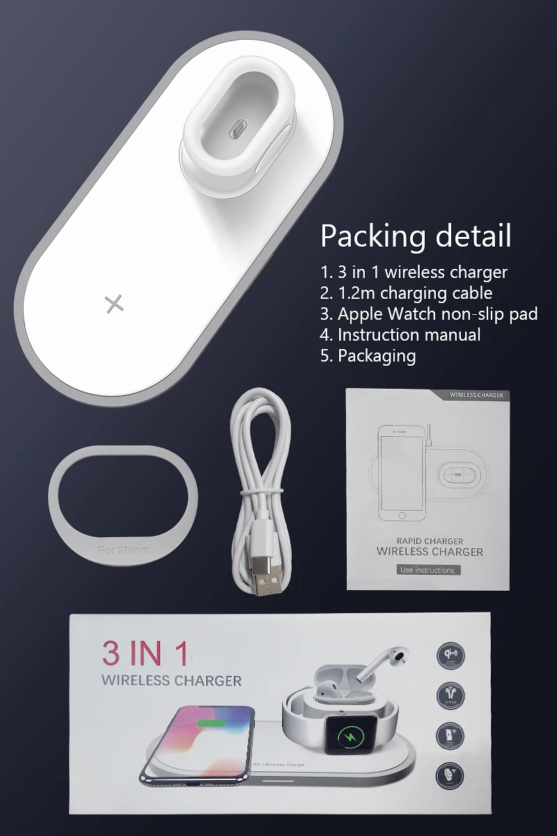 VVKing Wireless Charger For iPhone X XS MAX XR Fast Wireless Full load 3 in 1 Charging Pad for Airpods Apple Watch 5 4 3 2