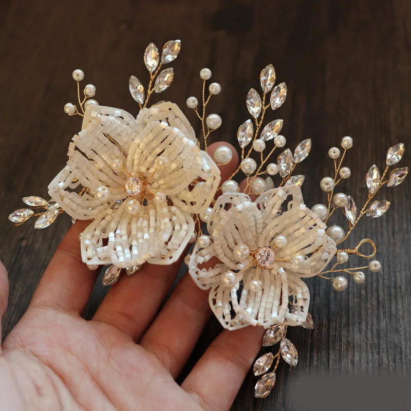 

HIMSTORY Vintage Romantic BEaded Flower Wedding Dress Accessories Handmade Hair Jewelry Pearl Beads Hairpins Headpiece