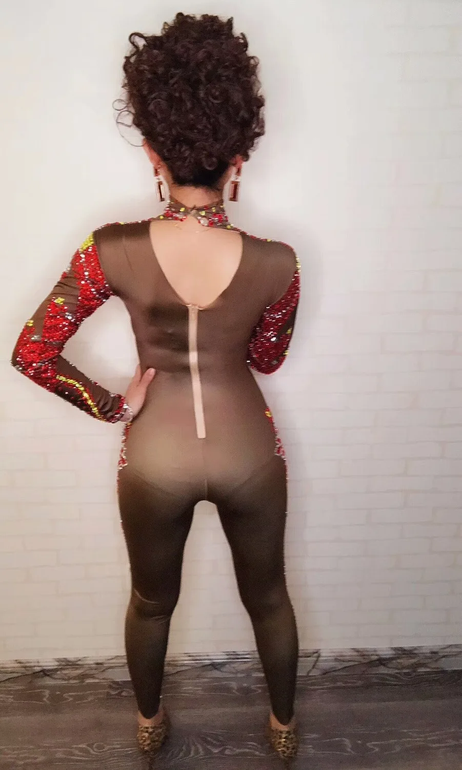 

European Style Women Jumpsuit Women Birthday Celebration Brown Elastic Skinny Red Diamond Rompers Nightclub Singer Stage Wear