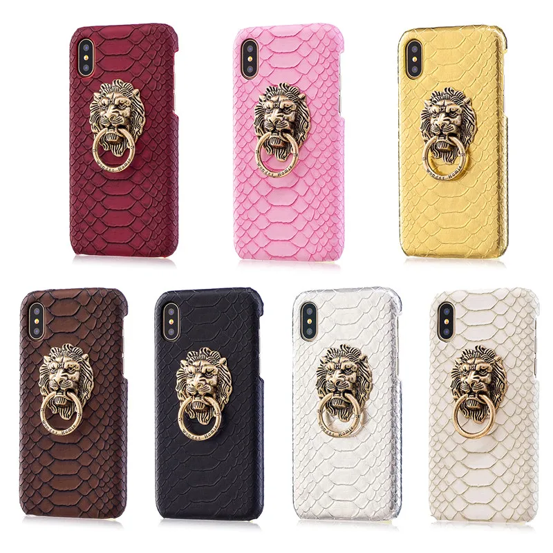 Hard Case with Metal Retro Lion Ring Holder for Iphone X 8 10 5 5s SE 6 6s 7 Plus Snake Leather Print PC Cover Stand Phone Coque |