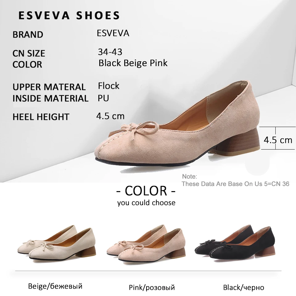 

ESVEVA 2019 Butterfly-knot Women Pumps Shallow Sweet Style Square Toe Shoes Square Med Heel Sandals Women Shoes Pumps Size 34-43
