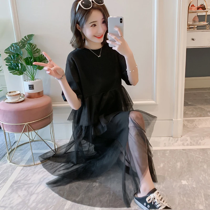 2020 Summer Women's New Dress In The Long Section Over Knee Stitching Mesh Fashion Pleated Casual Vestido QQ191 | Женская одежда