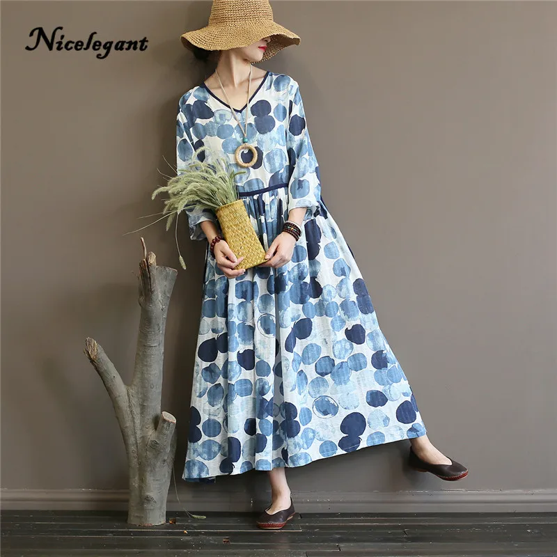 Nicelegant v-образным вырезом Vestido Женщины Осень Новый Tie-dye точки с длинным рукавом