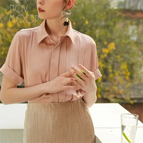 Pink per pic Женские топы и блузки из натурального шелка в офисном стиле, женские розовые и синие плиссированные рубашки с коротким рукавом из чистого шелка, женская блуза LT2220 - Цвет: Pink per pic