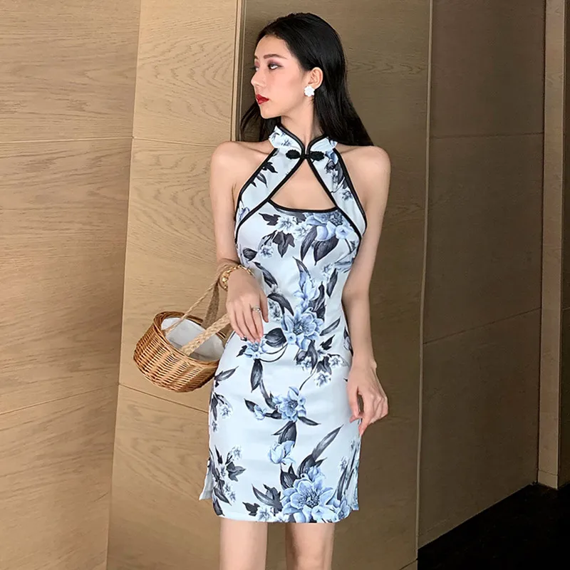 Real shot new fashion retro printing short Slim cheongsam dress elegant sexy party seaside vacation stretch mini | Женская одежда