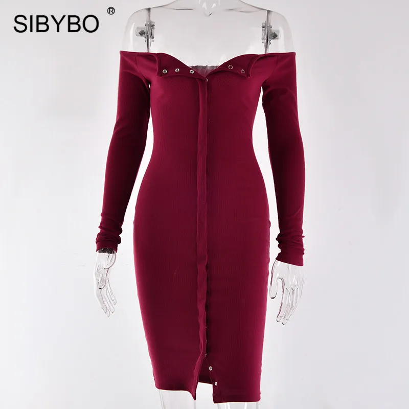 Sibybo, без бретелек, однобортное, сексуальное платье для женщин, осень, с открытыми плечами, с длинным рукавом, повседневное, бодикон, платье с открытой спиной, Клубные, вечерние платья