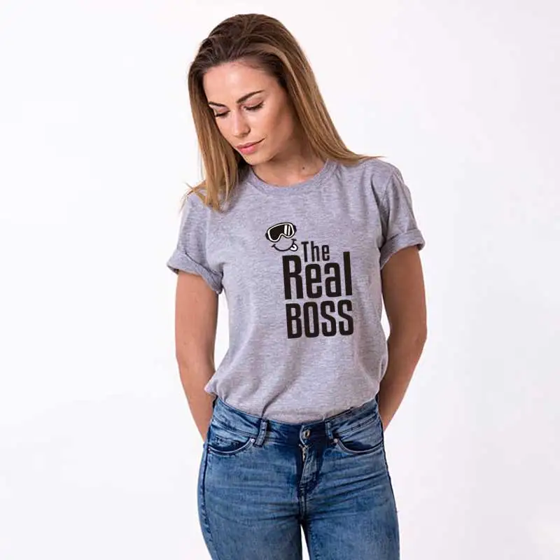 Футболка с надписью «REAL BOSS smile» для пары, для мужчин и женщин, футболка для влюбленных, семейная одежда, для мужчин и женщин, ulzzang valentine, в Корейском стиле - Цвет: Women