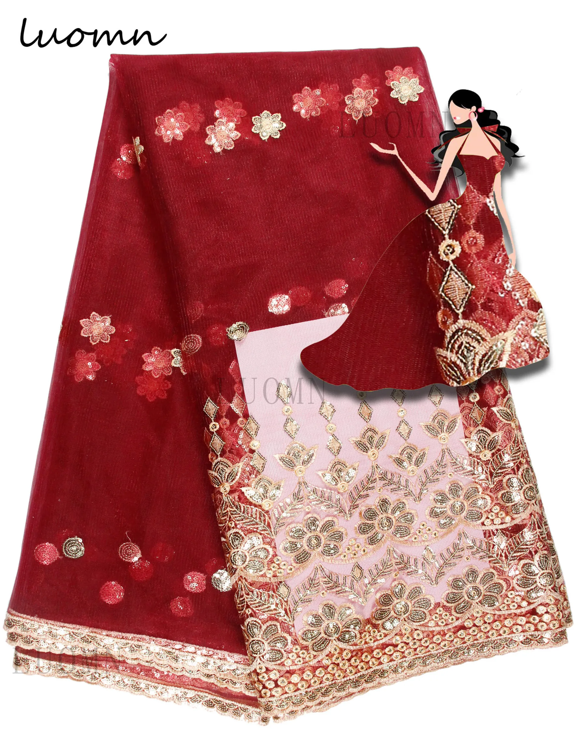 Высокое качество оранжевая африканская Тюль Кружево с Блёстки оптовая продажа