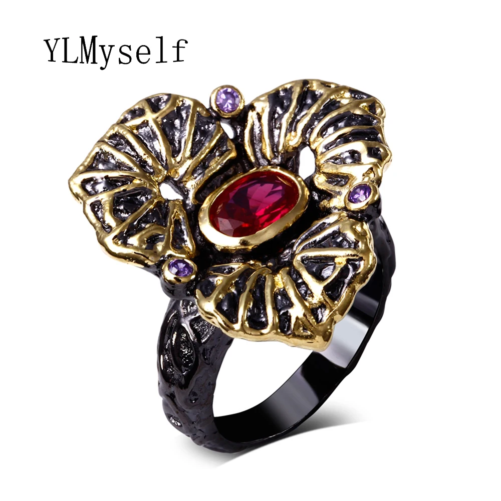 Винтажное кольцо с черным листом круглым красным и фиолетовым фианитом|leaf ring|finger