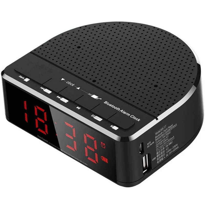 Black Цифровой Будильник радио с bluetooth-динамиком, красный цифровой дисплей с 2 диммером, fm-радио, usb-порт прикроватный светодиодный будильник - Цвет: Black