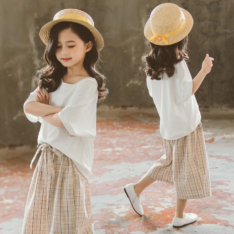 2020 summer Teenager Girls Clothes Cotton T shirt &amp Plaid shorts Trousers 6 7 8 10 5 12 Year Outfits Summer School | Детская одежда