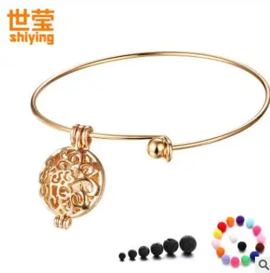 SHIYING (1 Black Lava Beads+ 5soft ball ) Openable Locket Pendant Essential Oil Diffuser bangle 2019 diy round metal cage | Украшения и