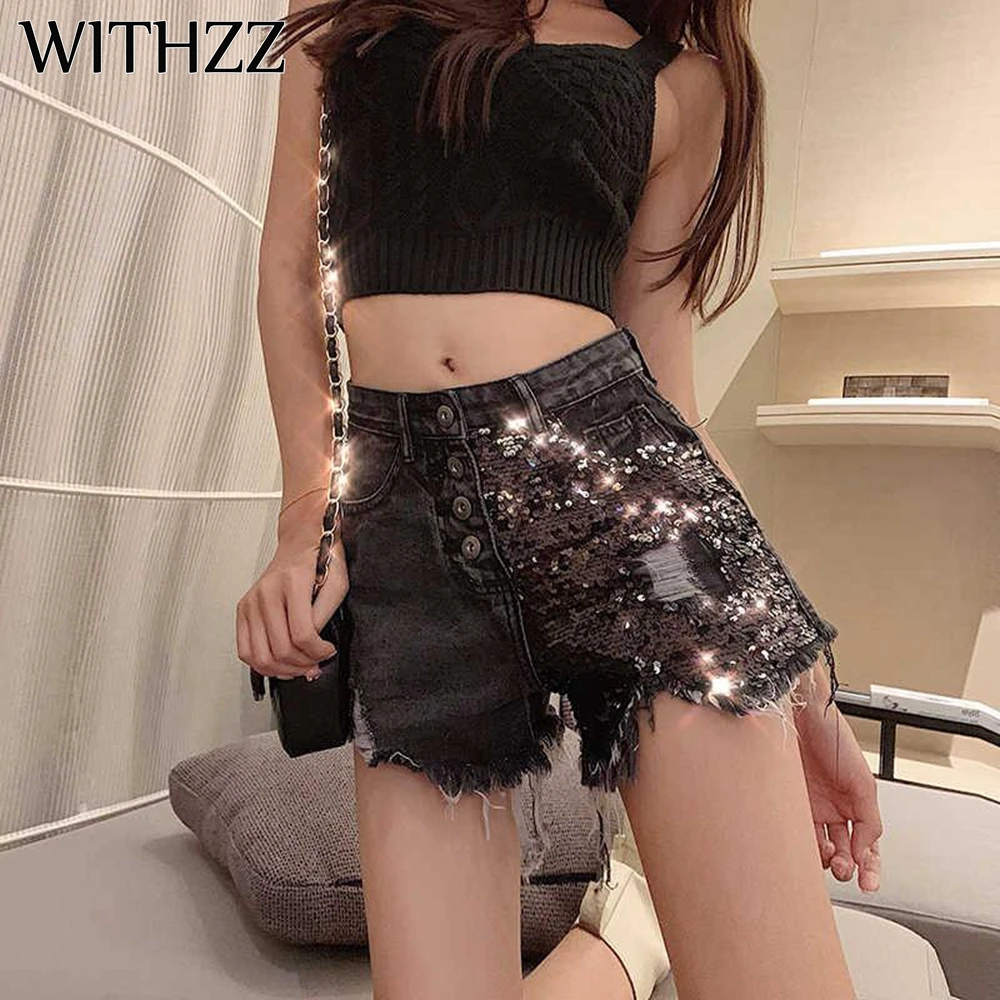 

WITHZZ Summer Women's Trend Personality Jeans for Women Pants Torn Denim Shorts High Waist Irregular Fashion Sequins Jeans