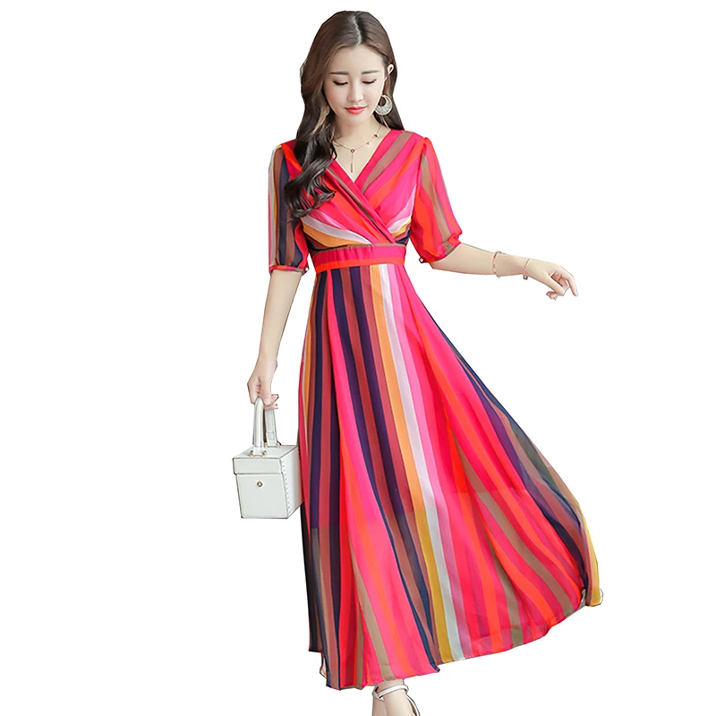 Женское шифоновое платье-рубашка длинное платье в полоску с V-образным вырезом