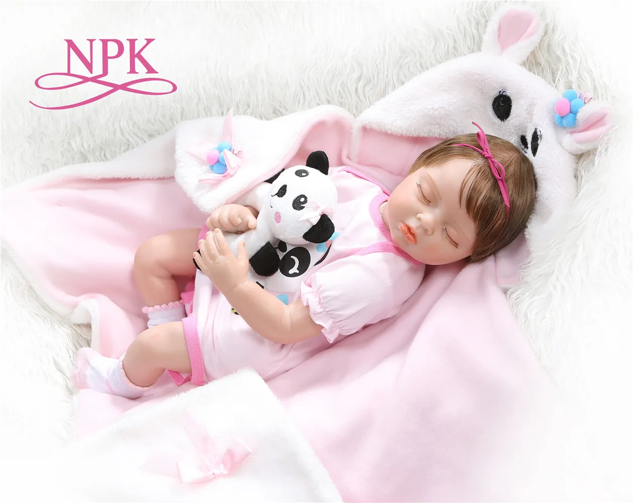 NPK 55 см новорожденная кукла bebe realitic reborn Спящая кукла для маленькой девочки мягкое утяжеленное тело волосы в платье с пандами