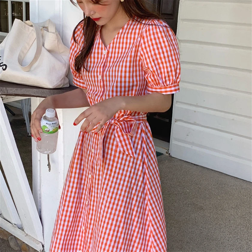Women Summer Plaid Single Breasted Long Dress V Neck High Waist Short Sleeve Dresses Korean Style Clothing With Belt D97201F | Женская