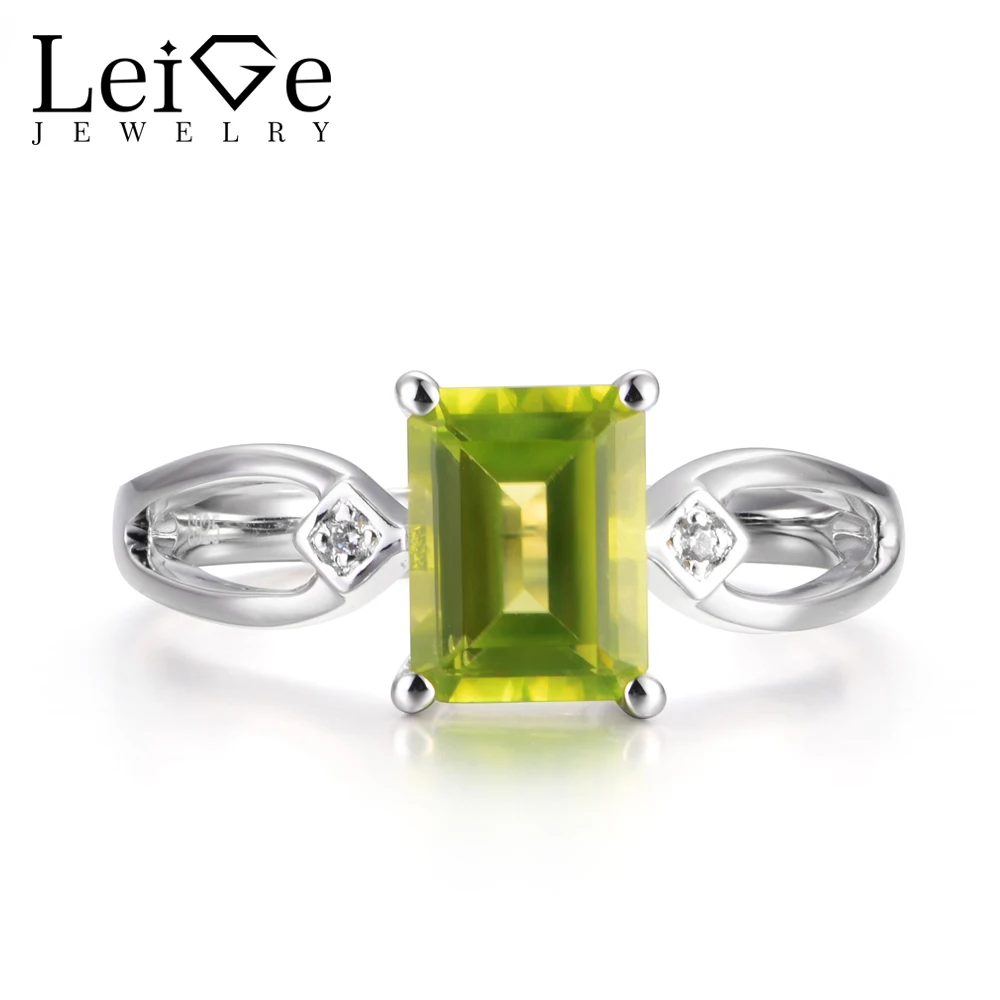 

Leige Jewelry Natural Green Peridot Rings Promise Rings Emerald Cut Gems August Birthstone Rings Solid 925 Sterling Silver Gifts