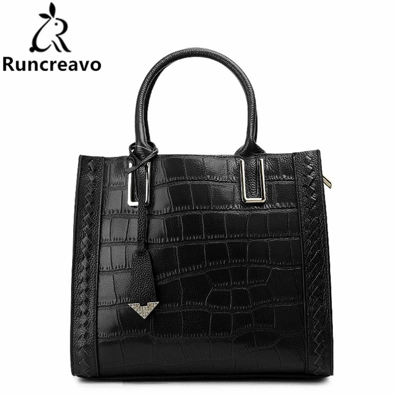Runcreavo, сумка из натуральной кожи, сумки для женщин, роскошные дизайнерские сумки из натуральной кожи аллигатора, женская сумка-мессенджер, сумки на плечо - Цвет: Black