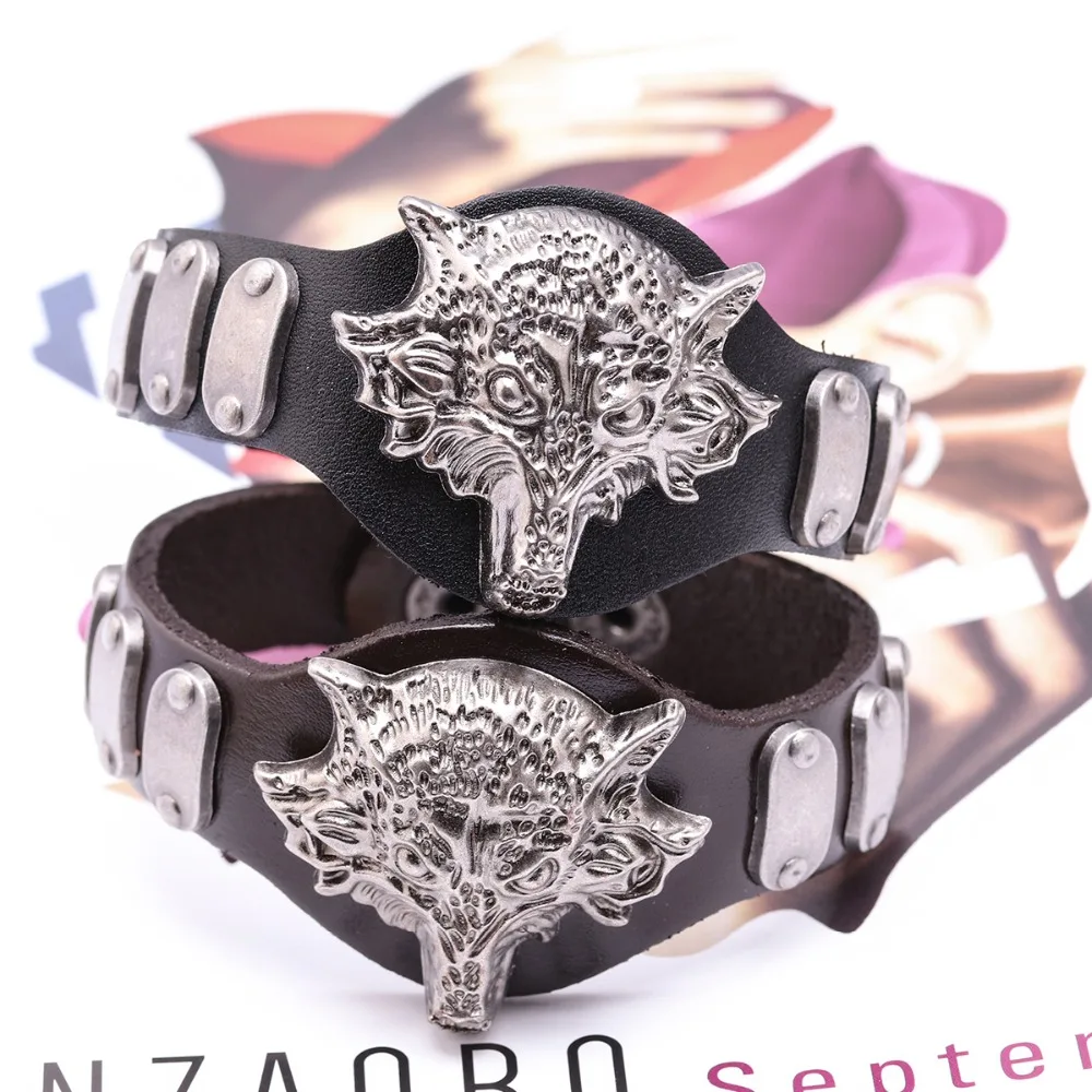 XINYAO 2019 Geunine Leather Charm Wolf Bracelet Punk Style Black Cuff Bangle Male Gothic Spike Jewelry Best Gift | Украшения и
