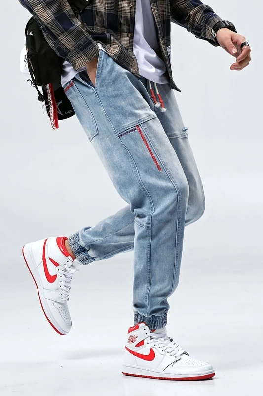 

Denim Stretch Elastic Waist Loose Jeans Men Light Blue Drawstring Harem Jeans Homme Cotton Ankle Length Pants Plus Size 7XL