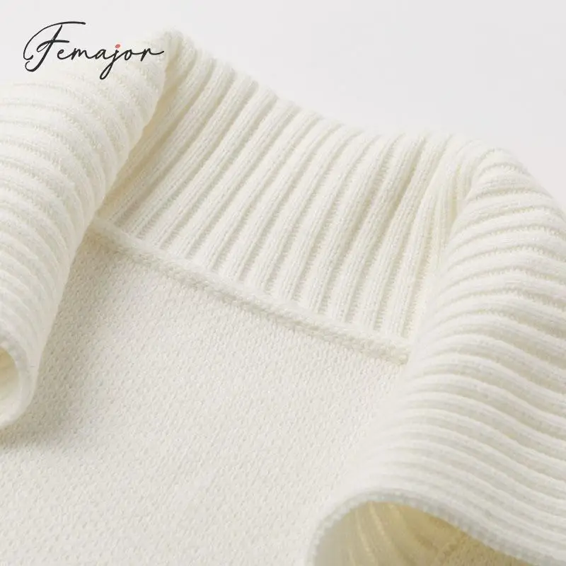Femajor Women White Cardigans 2019 Autumn Winter Turn Down Collar Pockets Knitwear Fashion Lantern Sleeve Knitted Jacket |