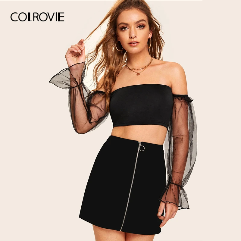 COLROVIE черная контрастная сетчатая манжета с плеча укороченная Футболка женская одежда сексуальная летняя футболка с длинным рукавом облегающие Топы