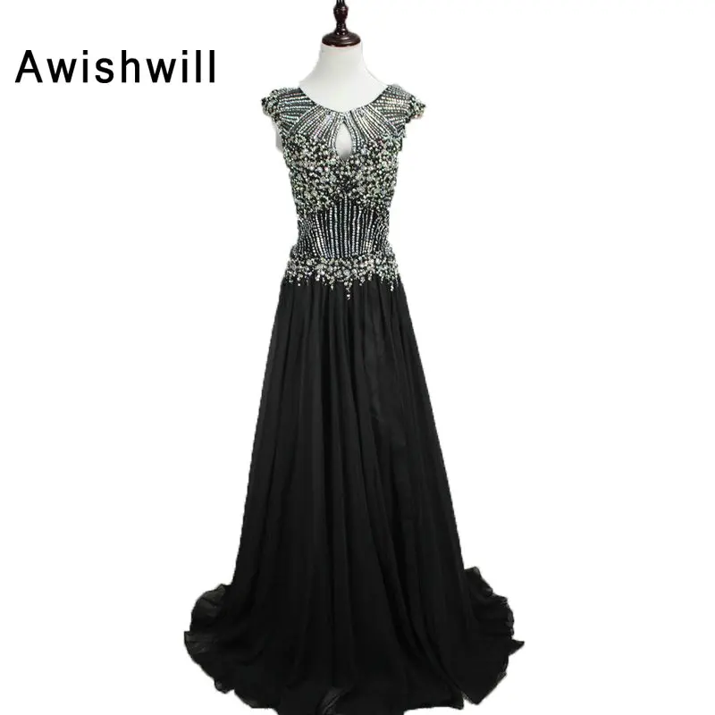 

Real Evening Dress Long Chiffon Black Color Formal Party Gowns Vestido Festa Open Back Beadings Dinner Special Occasion Dress
