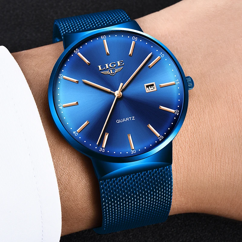 LIGE синие модные мужские часы Топ бренд Роскошные Кварцевые повседневные тонкие