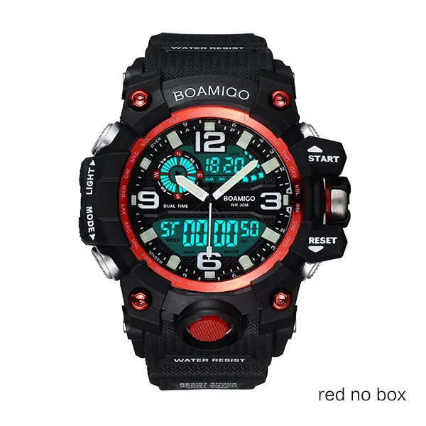 red no box Мужские спортивные часы BOAMIGO, брендовые, цифровой, светодиодный, кварцевые, резиновые, военные, наручные часы, водонепроницаемые, аналоговые, мужские часы, Relogio Masculino - Цвет: red no box