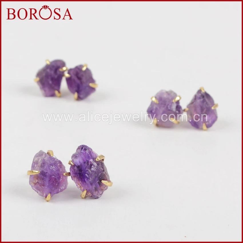Серьги borosa золотистого цвета, грубые друза аметиста, серьги-гвоздики с кристаллами, женские драгоценные камни, ювелирные изделия ZG0134
