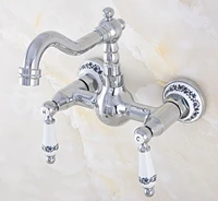 polished chrome brass wall mount kitchen sink faucet swivel spout mixer tap dual ceramics handles levers anf568
