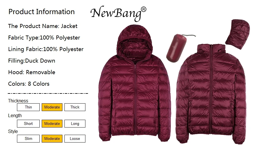 NewBang 8XL 7XL размера плюс, Женская куртка на утином пуху, ультра легкий пуховик, женская шапка, съемная, теплая, ветрозащитная, с сумкой для хранения