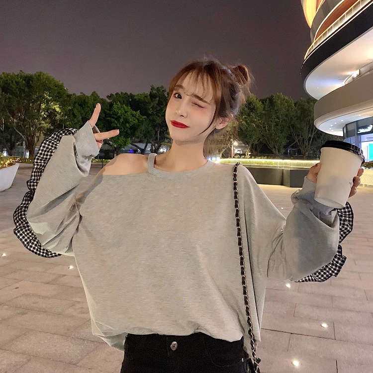 2019 Harajuku женская рубашка корейский Ulzzang оверсайз серый с открытыми плечами