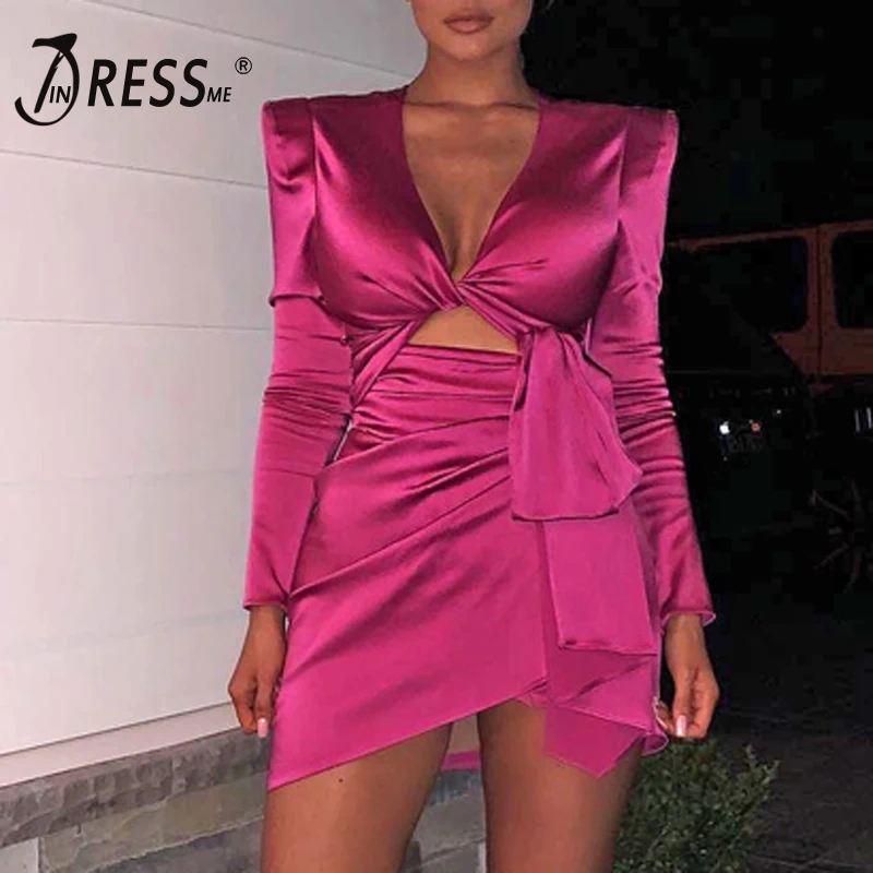 Женское облегающее платье INDRESSME розовое красное с длинным рукавом и оборками