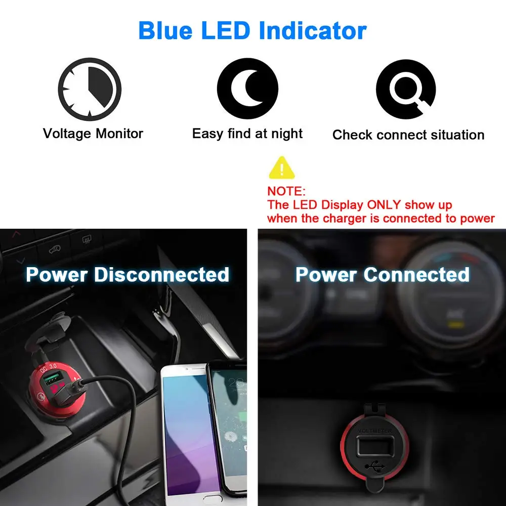 Двойное автомобильное зарядное устройство QC3.0 USB со светодиодным вольтметром для