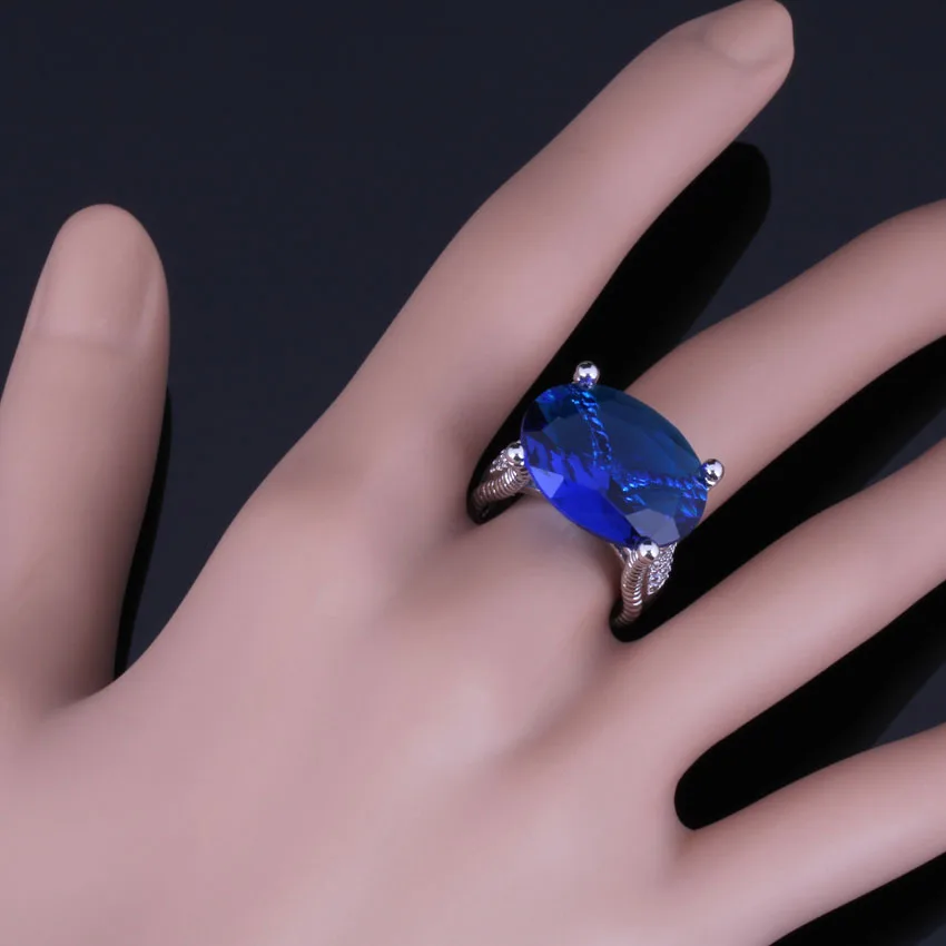 Distinctive Huge Oval Egg Blue Cubic Zirconia Silver Plated Ring V0573 | Украшения и аксессуары