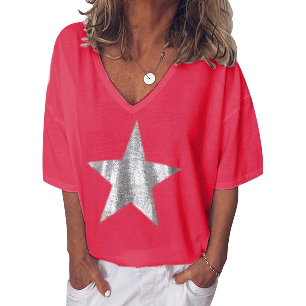 

Women Casual Five-pointed Star V-Neck Short Sleeve T-Shirts Tops for Summer FS99